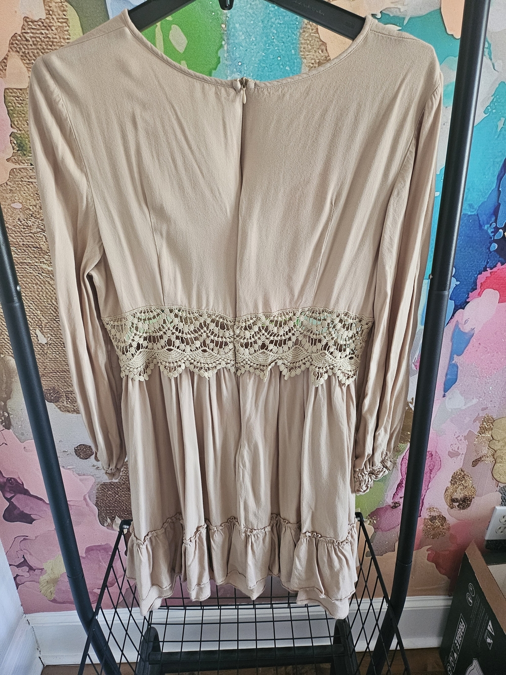 Boho Crochet Trim Surplice Tunic Dress in Taupe - Picture 2 of 3